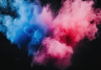 Fototapeta premium Colorful smoke explosion in blue and red hues creating an abstract background with fine particles against a black backdrop for artistic designs and presentations