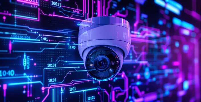 Security camera against a glowing futuristic circuit background in blue and pink tones. Concept of digital surveillance, cybersecurity, and technology. Ai generative