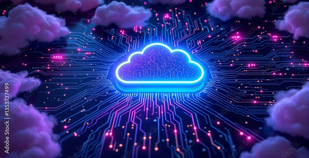 Poster neon glowing cloud icon with circuit board connections, floating in a digital environment with soft 