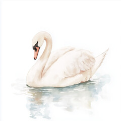 Illustration of the Swan in the water, soft watercolor tones, white background, detailed illustration, cartoonish.