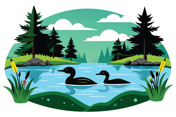 Loon Bird Family In the Lake Vector
