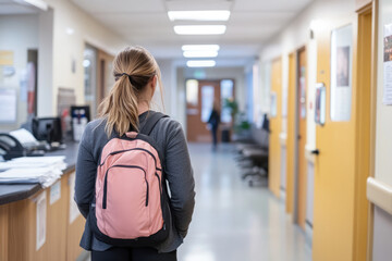 Obraz premium student with pink backpack walks through school hallway