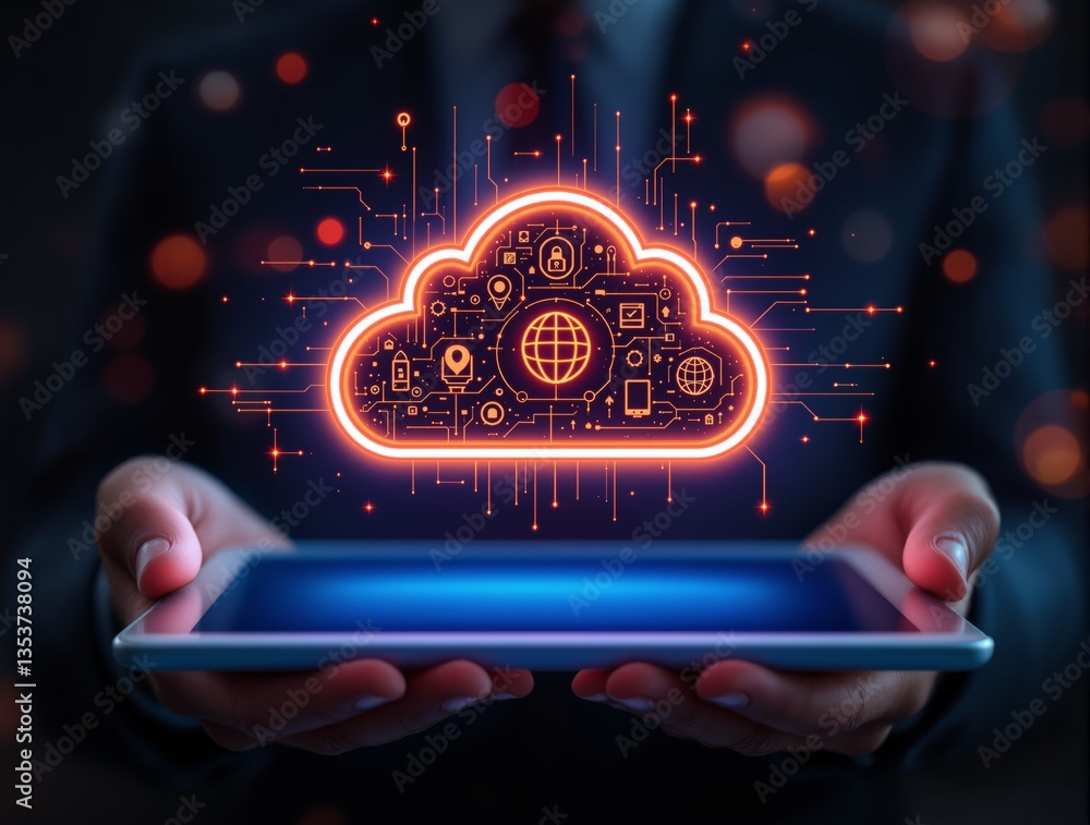 Poster hands holding a tablet with a glowing cloud icon representing cloud storage and digital technology, 