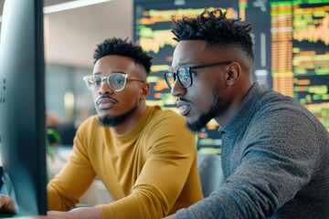 Two focused men analyzing data on computer screens in office
