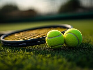 Tennis Racket and Two Balls on the Court at Sunset: A Peaceful Moment Before the Game with Vivid Green Grass and Golden Light Creating a Serene Atmosphere