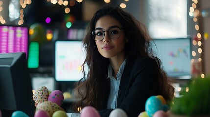 A determined Latina businesswoman reviewing stock market trends in her workspace adorned with festive Easter decor
