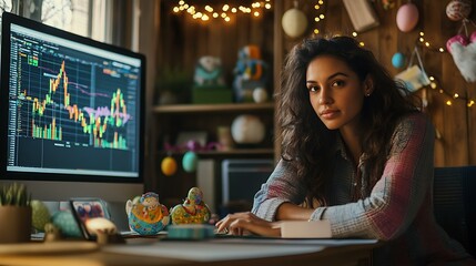 A determined Latina businesswoman reviewing stock market trends in her workspace adorned with festive Easter decor