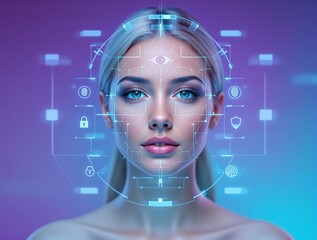 Woman's face with digital facial recognition interface, glowing blue tech elements on futuristic purple background. Concept of AI, biometrics, cybersecurity. Ai generative