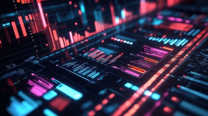 Futuristic Abstract Data Visualization in Neon Colors Showcasing Modern Digital Interface with Graphs, Charts, and Data Points on a Dark Background