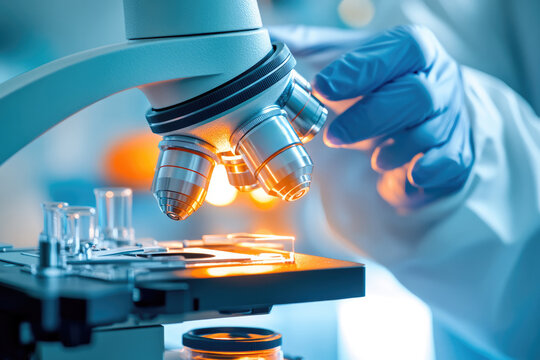 Close up of microscope with scientist hand adjusting it