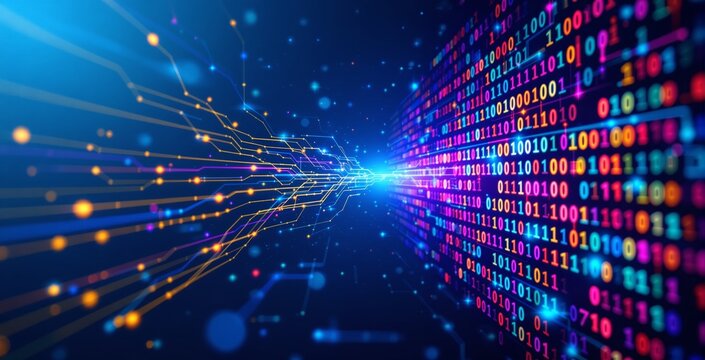 Digital binary code and data flow connections in a futuristic tech background. Bright neon colors and glowing circuit lines represent digital communication. Ai generative