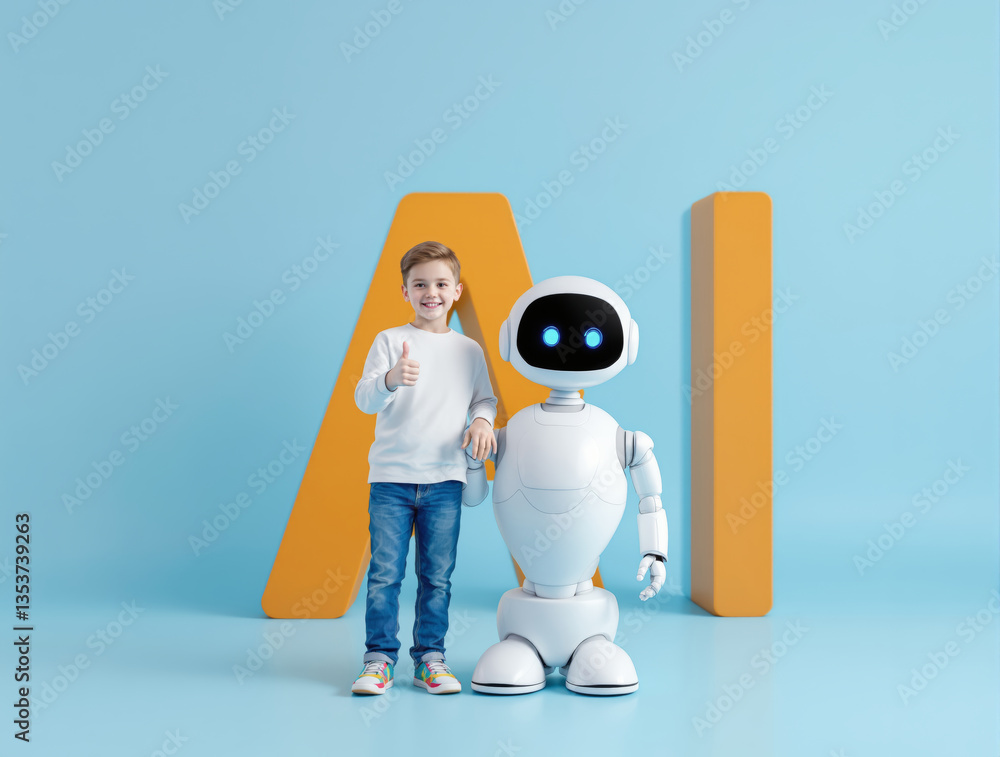 Poster a happy boy and a cute robot standing together against a blue background with large ai letters, symb