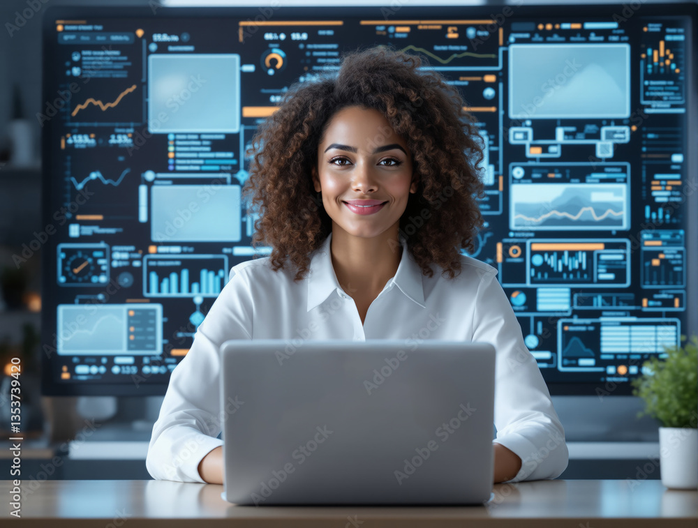 Poster smiling businesswoman using a laptop, with futuristic digital data analytics displayed on a screen i