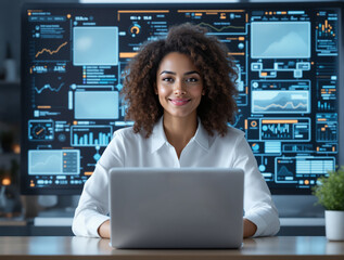 Smiling businesswoman using a laptop, with futuristic digital data analytics displayed on a screen in the background. Concept of technology and innovation. Ai generative
