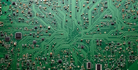 Detailed close-up of a green electronic motherboard with circuits and microchips, showcasing a complex digital pattern. Concept of technology and future. Ai generative