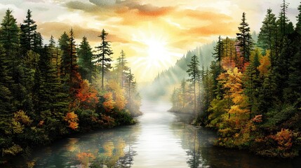 Obraz premium A quiet river winding through a dense autumn forest, soft watercolor transitions capturing the beauty of nature.