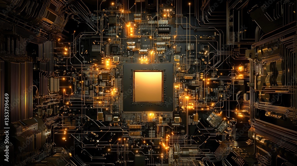Poster abstract ai processor chip with glowing edges, detailed etchings, and complex circuitry.