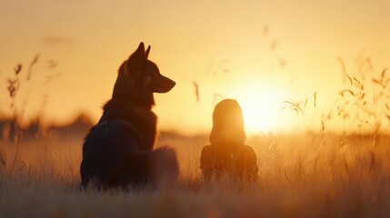 Dog and child at sunrise