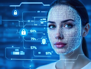 Woman with digital facial recognition interface, cyber elements, futuristic blue background. Concept of AI security, biometric authentication, future tech. Ai generative