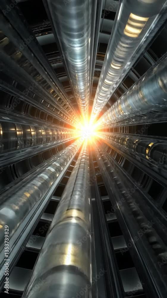 Poster light beams illuminating a cylindrical structure with transparent tubes radiating in a futuristic de