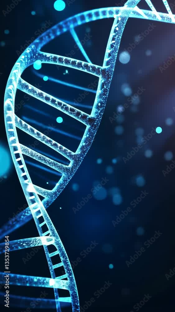 Poster complex structure of a dna double helix illuminated with blue particles in a dark background