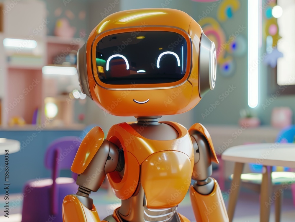 Poster a friendly yellow robot with a digital smile stands in a high-tech classroom. its expressive led fac