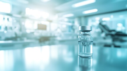 Close-up of a vaccine vial on a sterile table with medical equipment, representing healthcare innovation, medical research, and public health discussions.

