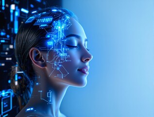 Woman with closed eyes and glowing blue circuit patterns on her face, futuristic tech interface, digital background, concept of artificial intelligence. Ai generative