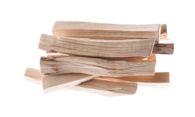 Pile of palo santo sticks on white background