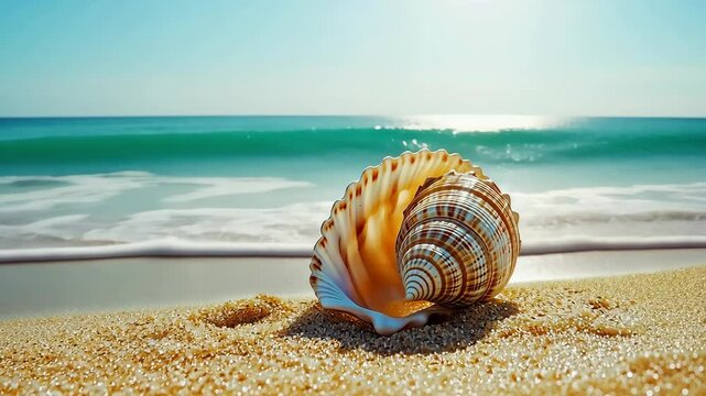 Beautiful conch shell resting on sandy beach with gentle waves and sunlit ocean in the background