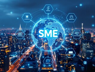 Digital SME network concept with a glowing blue tech interface showing finance, strategy, innovation, and teamwork over a cityscape at night. Ai generative