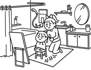 Mother is cutting  daughter's hair.