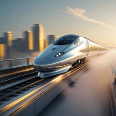 Obraz premium Modern blue high-speed train racing through urban landscape at sunrise