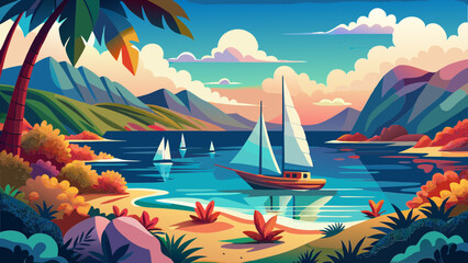 Tropical seascape with sailboat at sunny day. Sail yacht in beautiful lagune. Marine landscape with mountains and boat. AI generated vector illustration