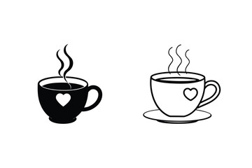 Two steaming coffee cups with hearts, love, café, drink
