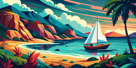Tropical seascape with sailboat at sunny day. Sail yacht in beautiful lagune. Marine landscape with mountains and boat. AI generated vector illustration