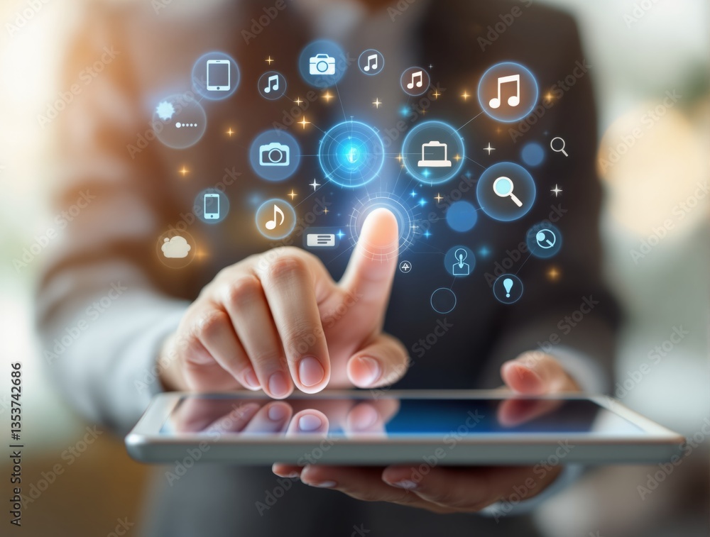 Poster a person interacts with a digital interface on a tablet, featuring futuristic glowing icons represen