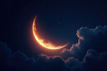 A crescent moon shining in a dark sky with stars , moon, starry