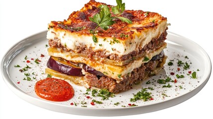 Greek moussaka with layers of eggplant, meat, and sauce.