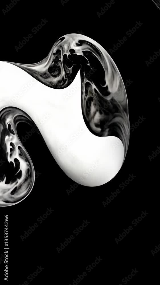Poster swirling black and white abstract pattern created by mixing paint in a circular motion on a dark bac