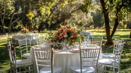 Fototapeta premium Elegant outdoor wedding reception table setting with floral centerpiece. (2)
