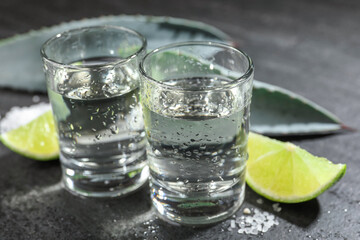 Tequila shots, slices of lime, salt and agave leaves on grey table, closeup