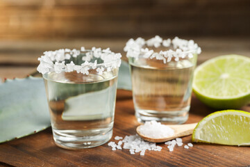 Tequila shots with salt, lime slices and agave leaf on wooden table, closeup