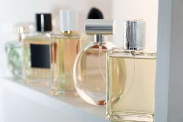 Different bottles of luxury perfume on shelf in store, closeup