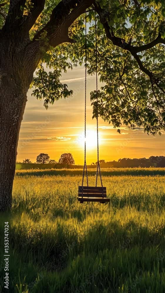Poster sunset over a peaceful swing under a tree in an open field with tall grass