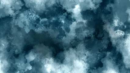 Abstract Storm Gloomy dark sky texture. Watercolor background with dark blue and white colors painting. Grunge Decorative navy Blue dark Stucco wall background. White and gray isolated clouds