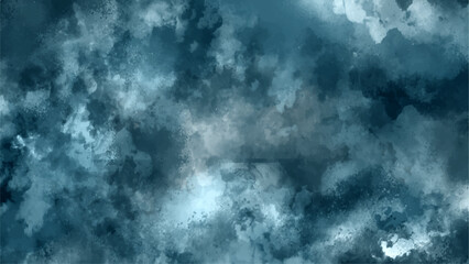 Abstract Storm Gloomy dark sky texture. Watercolor background with dark blue and white colors painting. Grunge Decorative navy Blue dark Stucco wall background. White and gray isolated clouds
