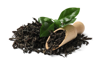 Dried and fresh tea leaves with scoop isolated on white