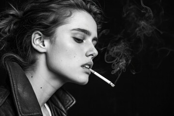 Obraz premium Model Poses With Cigarette in Moody Black and White Setting Generative AI