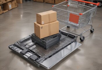 A laptop computer in a shopping cart with a product package box on the floor , laptop, online